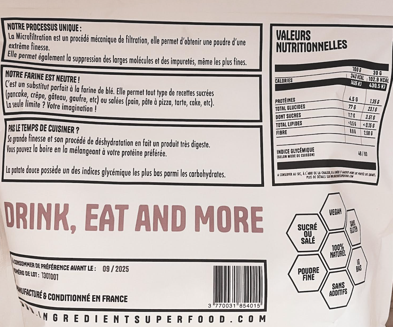 Farine de patate douce microfiltrée - Ingrédient Superfood - 1 kg